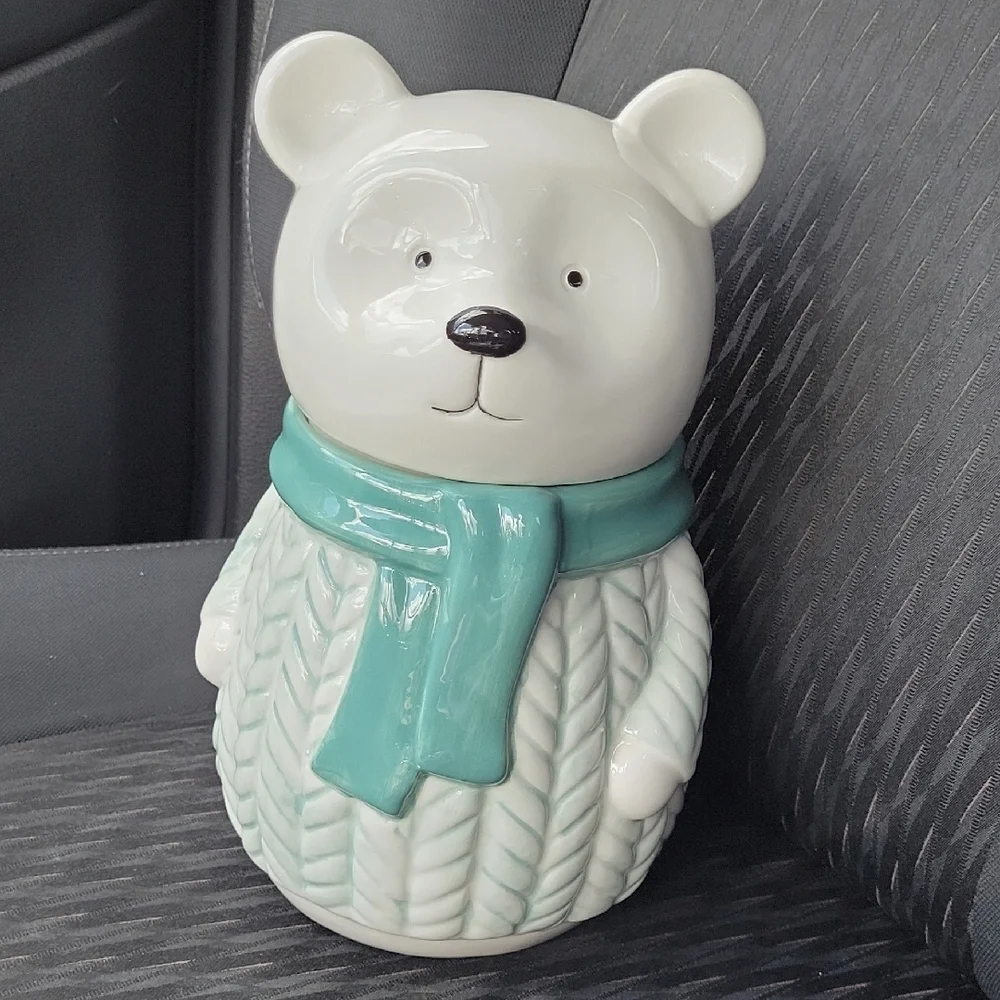 Bear Cookie Jar Ceramic with Teal Scarf